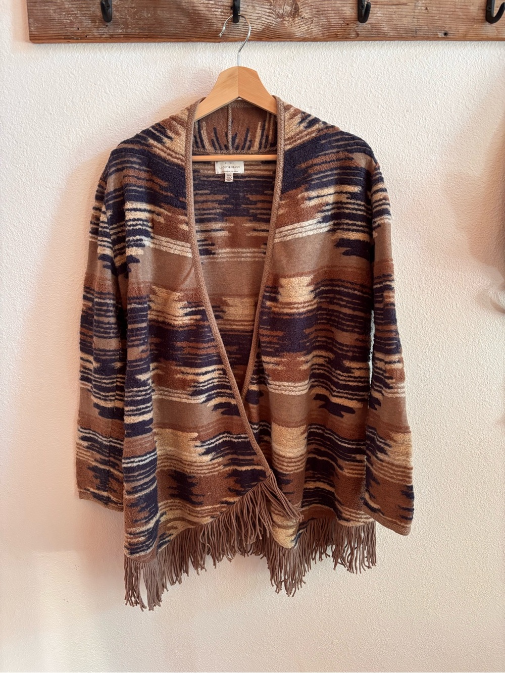 Lucky Brand Brown Navy Patterned Fringe Open-Front Cardigan